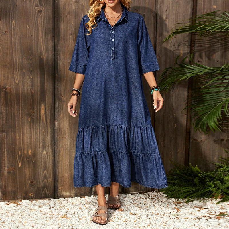 Women's denim short-sleeve dress with button-front collar, tiered hem, navy blue