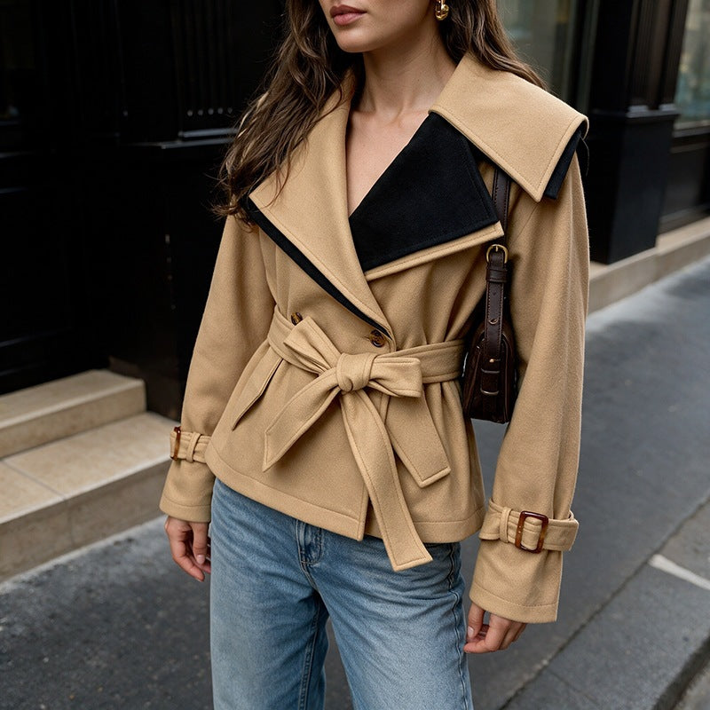 High Grade Woolen Coat Thick Lace Up Waist Controlled Coat