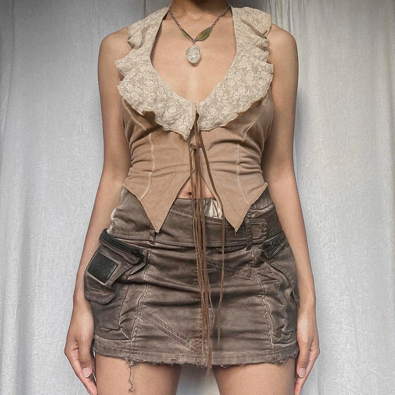 Women's Retro Lace Lace Collar Halter Lace Up Irregular Asymmetric Hem Cardigan Slim Fit Sexy Vest Women Clothing