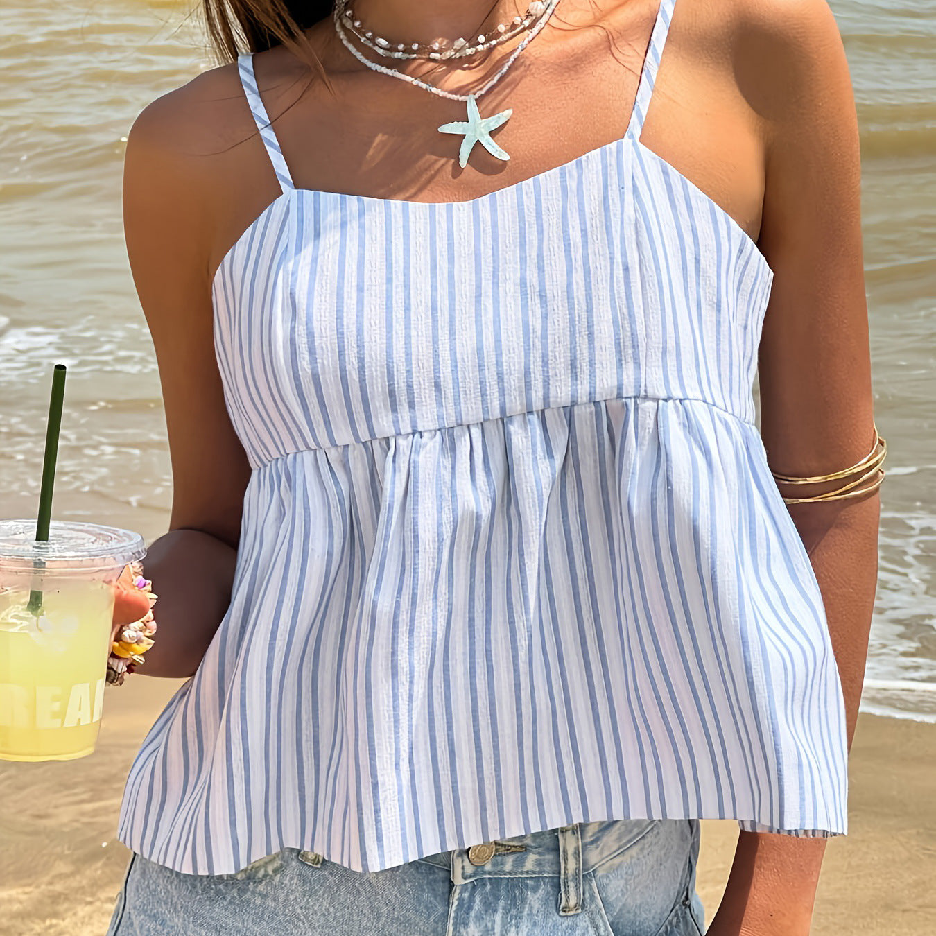 Blue White Vertical Stripes Camisole with Narrow Straps