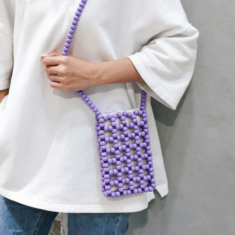Women's Wooden-Beaded Woven Shoulder Bag