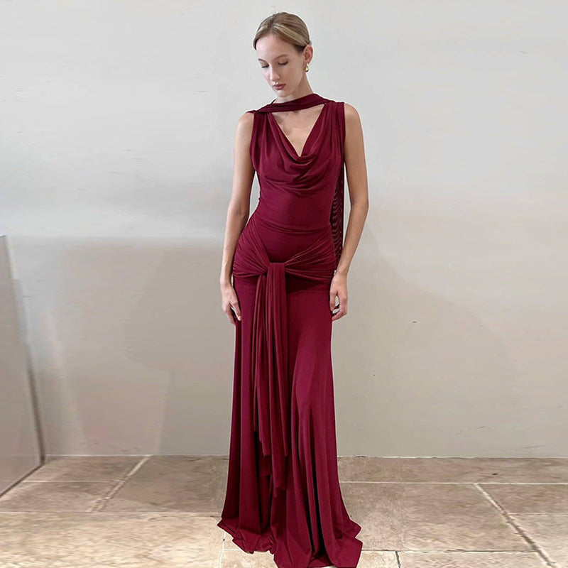 Women's Winter Sexy Backless Gauzy Slim Fit Patchwork Tied Dress