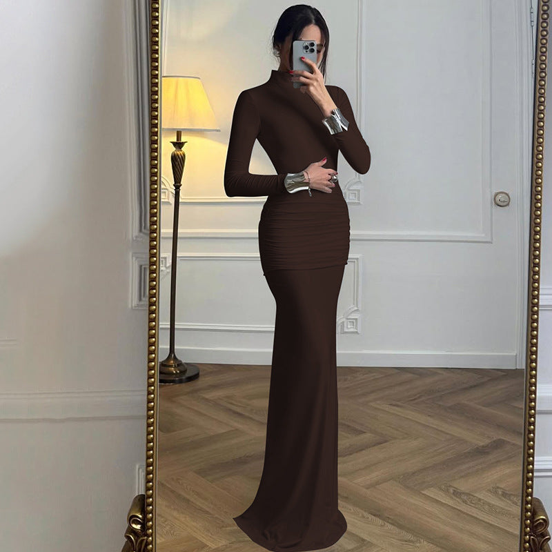 Solid Color Long Sleeve Fishtail Dress Button Backless