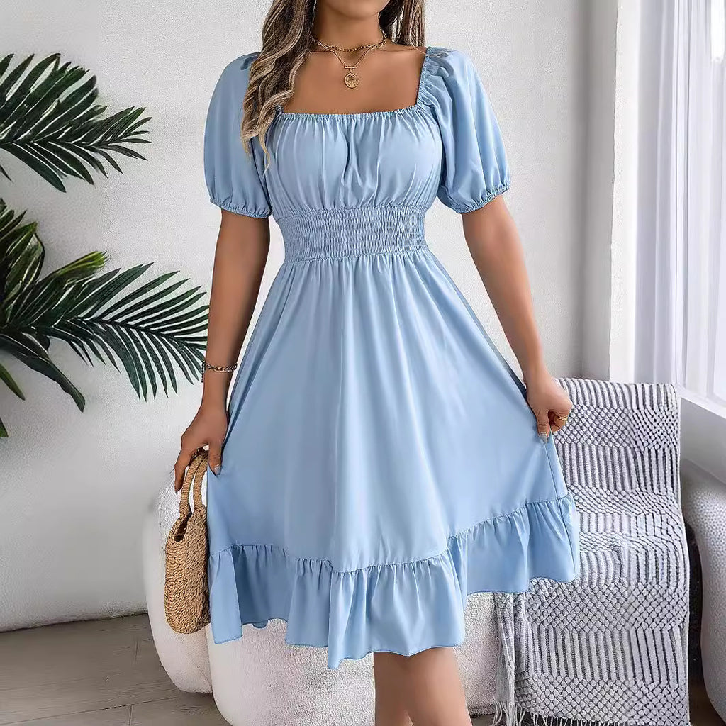 Spring Summer Casual Square Collar Short-Sleeve Waist Trimming Ruffles A-Line