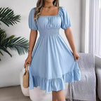 Spring Summer Casual Square Collar Short-Sleeve Waist Trimming Ruffles A-Line