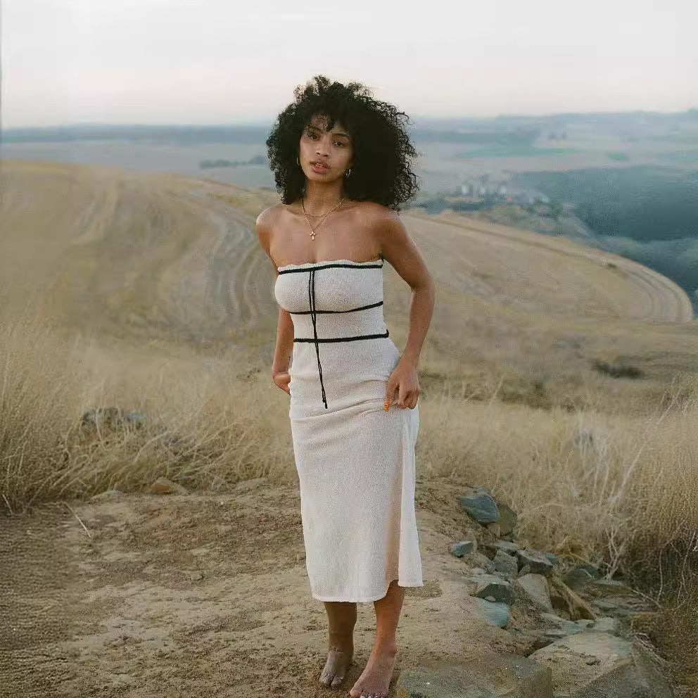 Women's Strapless Cotton Tie Sleeveless Maxi Dress