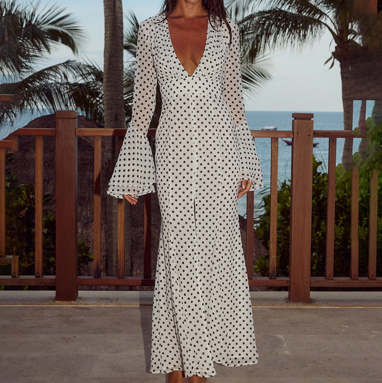 Deep V Plunge Floral Print Slit Maxi Dress Bell Sleeve Tight