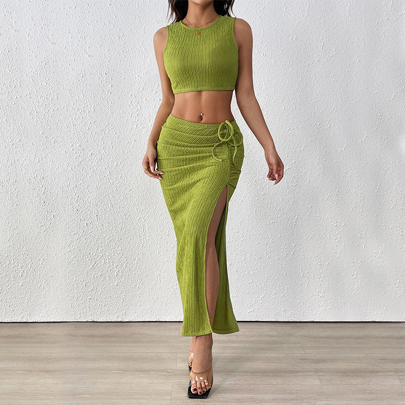 Women's Pleating Texture Split Summer Coordinated Two-Piece Set