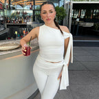 Women's Summer Street Shooting Diagonal Collar Sleeveless Top Slim Fit Tied Shorts Suit