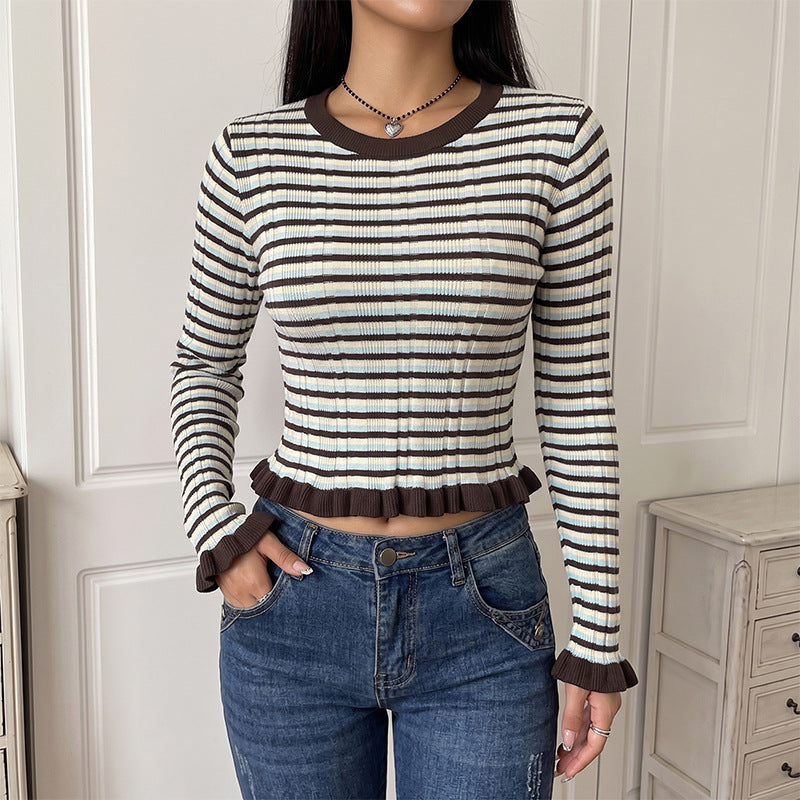 Retro Casual Striped O neck Short Bell Sleeve Sweater for