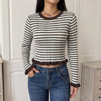 Retro Casual Striped O neck Short Bell Sleeve Sweater for