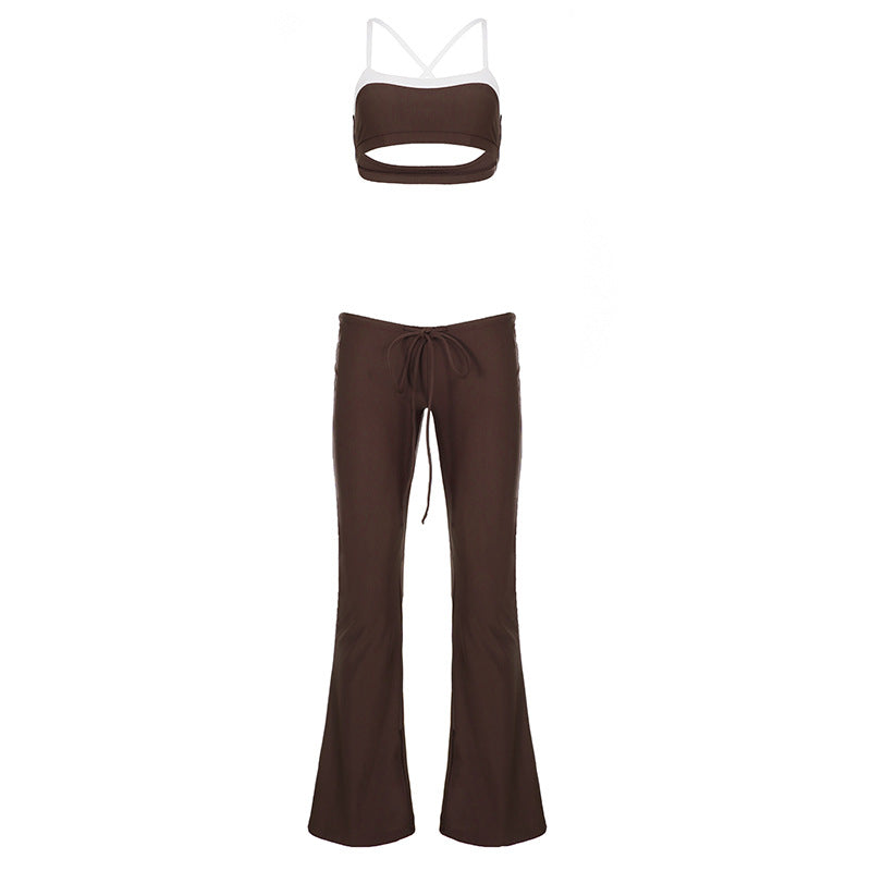 Brown flared drawstring trousers with contrast strappy crop top, two-piece set