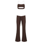 Brown flared drawstring trousers with contrast strappy crop top, two-piece set