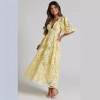 Women's Lace Embroidered V-Neck Cutout Maxi Dress