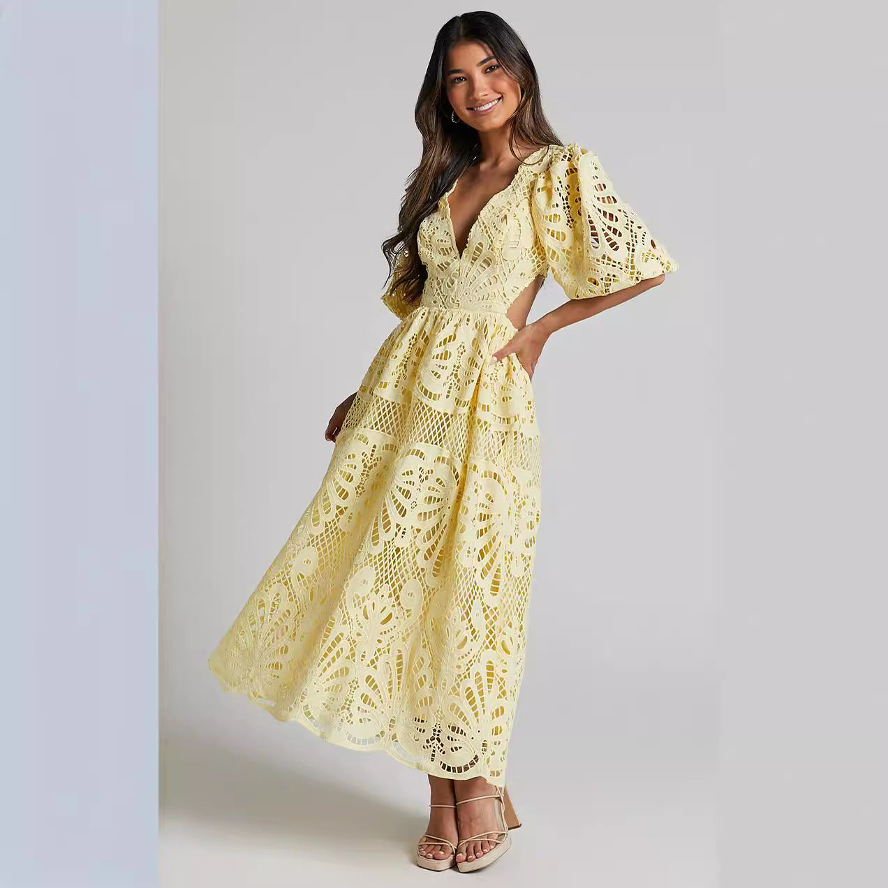 Women's Lace Embroidered V-Neck Cutout Maxi Dress