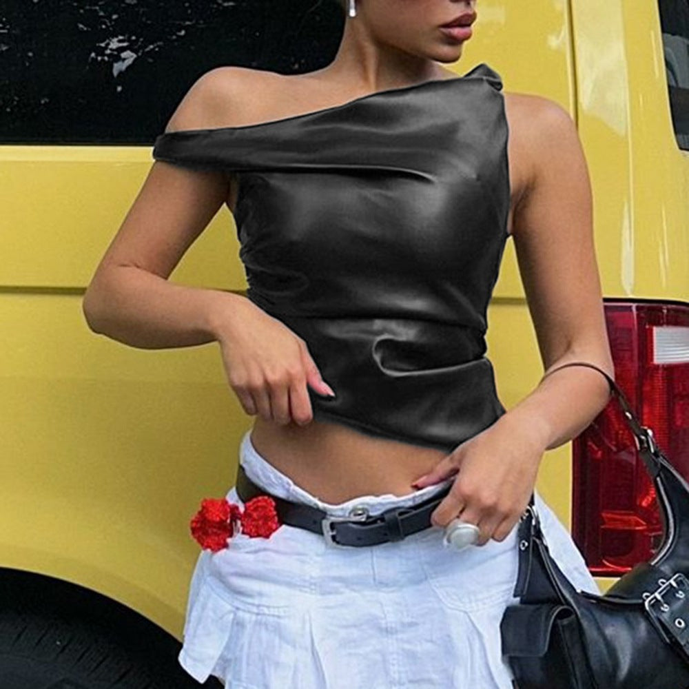 's Sleeveless Vest Leather Oblique Shoulder Personality