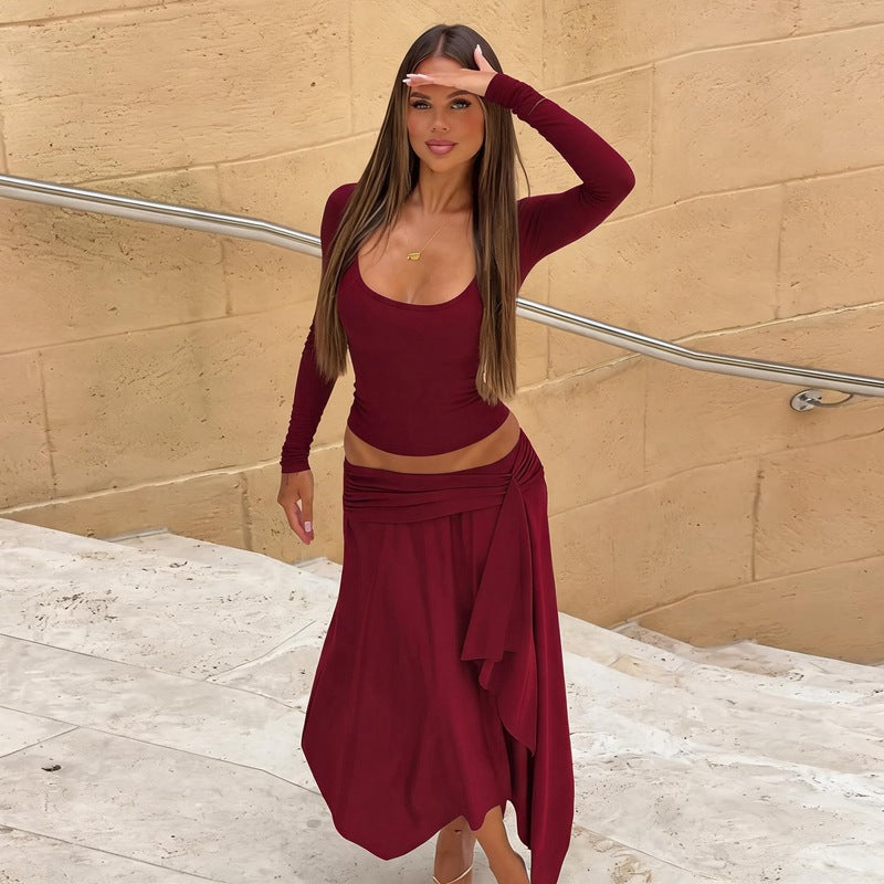 Women's Square-Neck Top & High-Waist Skirt Set