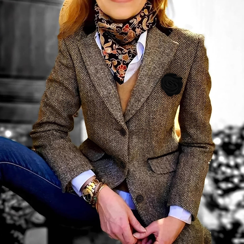 Retro Office Herringbone Fabric Black Floral Brooch Elegant Graceful Women Blazer