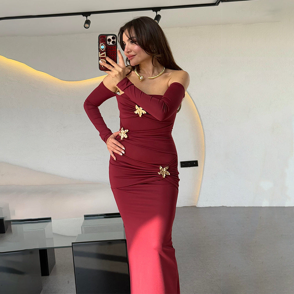 Off-Shoulder Long-Sleeve Bodycon Maxi Dress