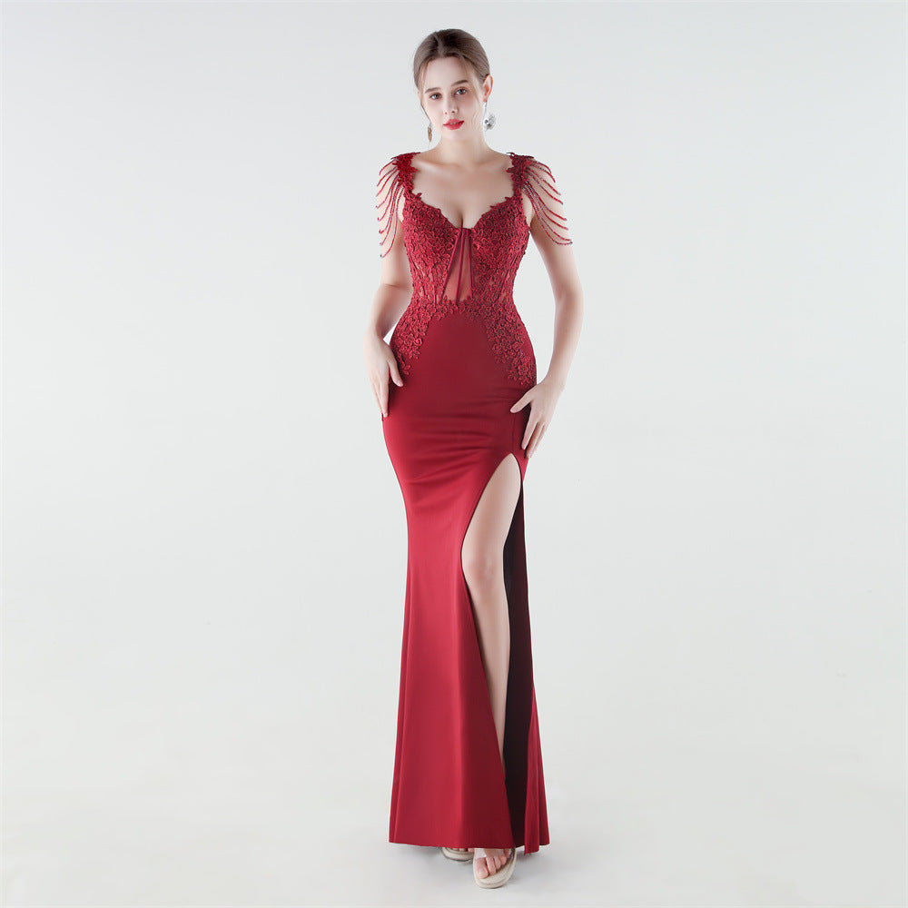 Women's Heavy Industry Boning Corset Waist Binding Rhinestone Floral Evening Dress