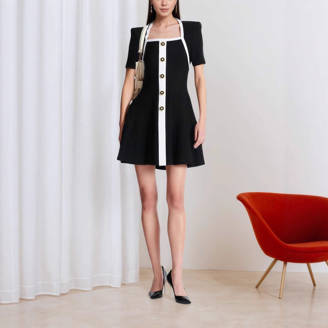 Women's Square-Neck Short-Sleeve Dress with Metal Buttons
