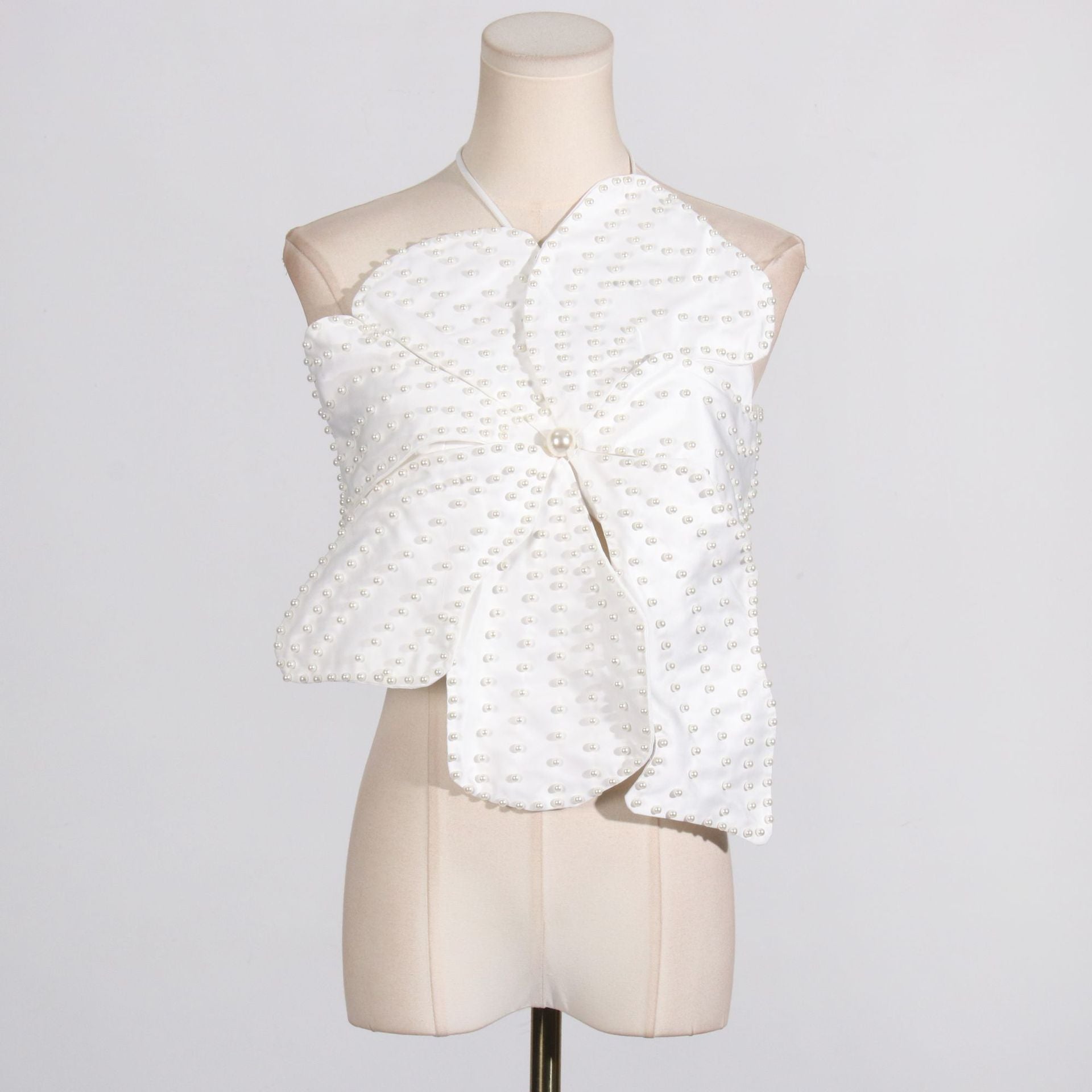 Women's Pearl-Embellished Halter Top – Floral Detail Lace-Up