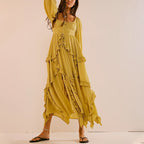 Women's Ruffled Smocked Slit A-Line Maxi Dress