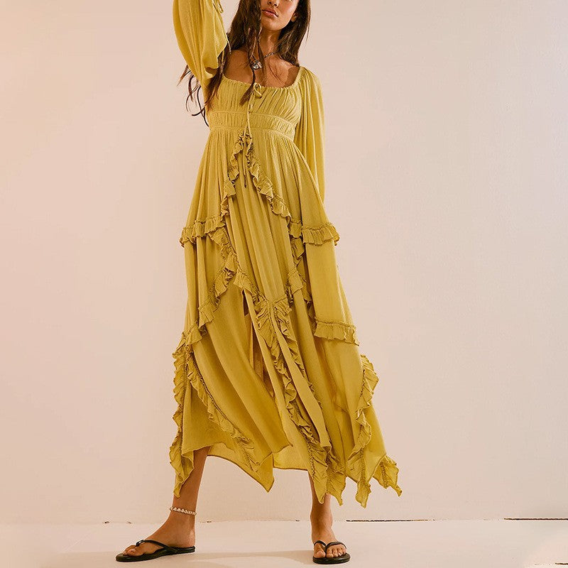 Women's Ruffled Smocked Slit A-Line Maxi Dress