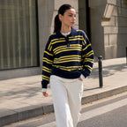 Women's Striped Polo-Collar Knit Sweater