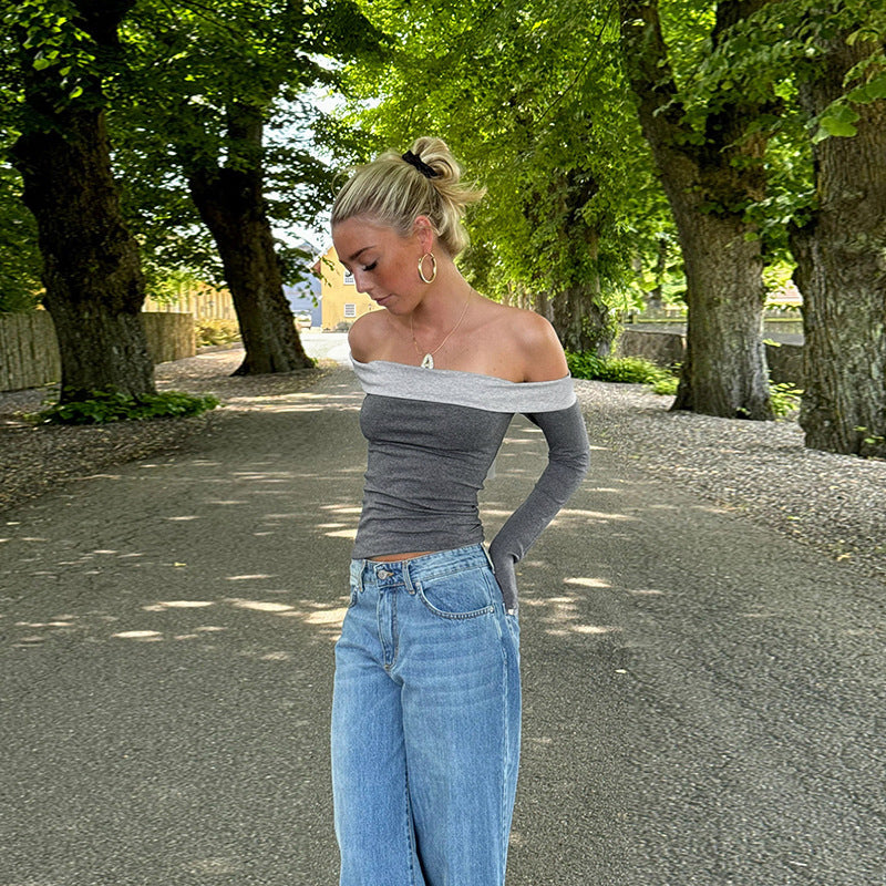 French Off-Shoulder Long Sleeve Top
