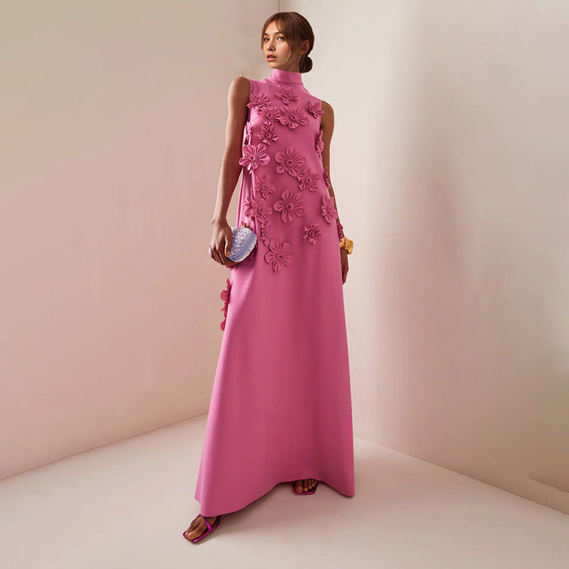 Women’s 3D Floral Stand-Collar Maxi Dress