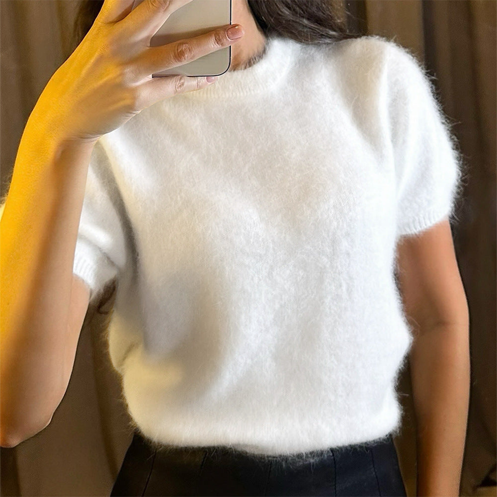 Sweater Autumn Elegant Graceful Slim round Neck Shoulder Plush Knitted Short Sleeve T shirt
