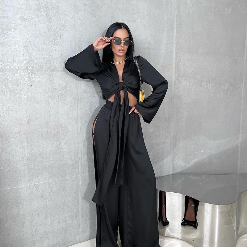Autumn Elegant Tied Top Hollow Out Cutout Split Long Sleeve