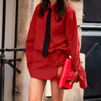 Collared Shirt & Split Hip Skirt Set