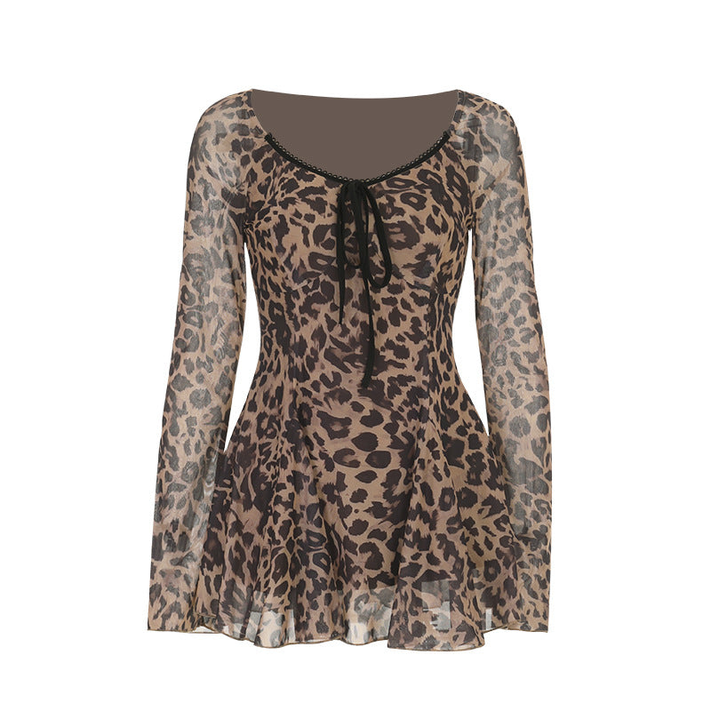 Women's Leopard Print Off-Shoulder Long-Sleeve Dress
