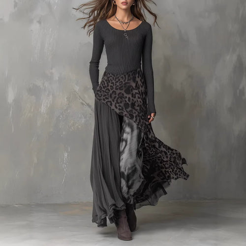Leopard Print Elastic Waist Large Swing Casual Dress