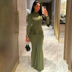 Women's Summer Slim Pleated Round Neck Long Sleeved Dress