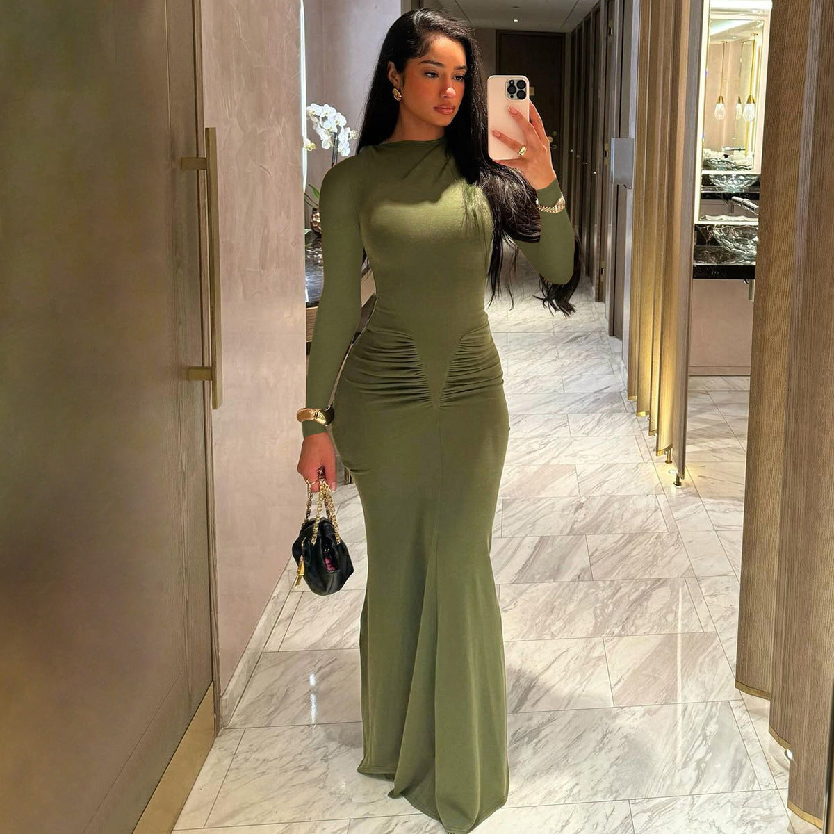 Women's Summer Slim Pleated Round Neck Long Sleeved Dress