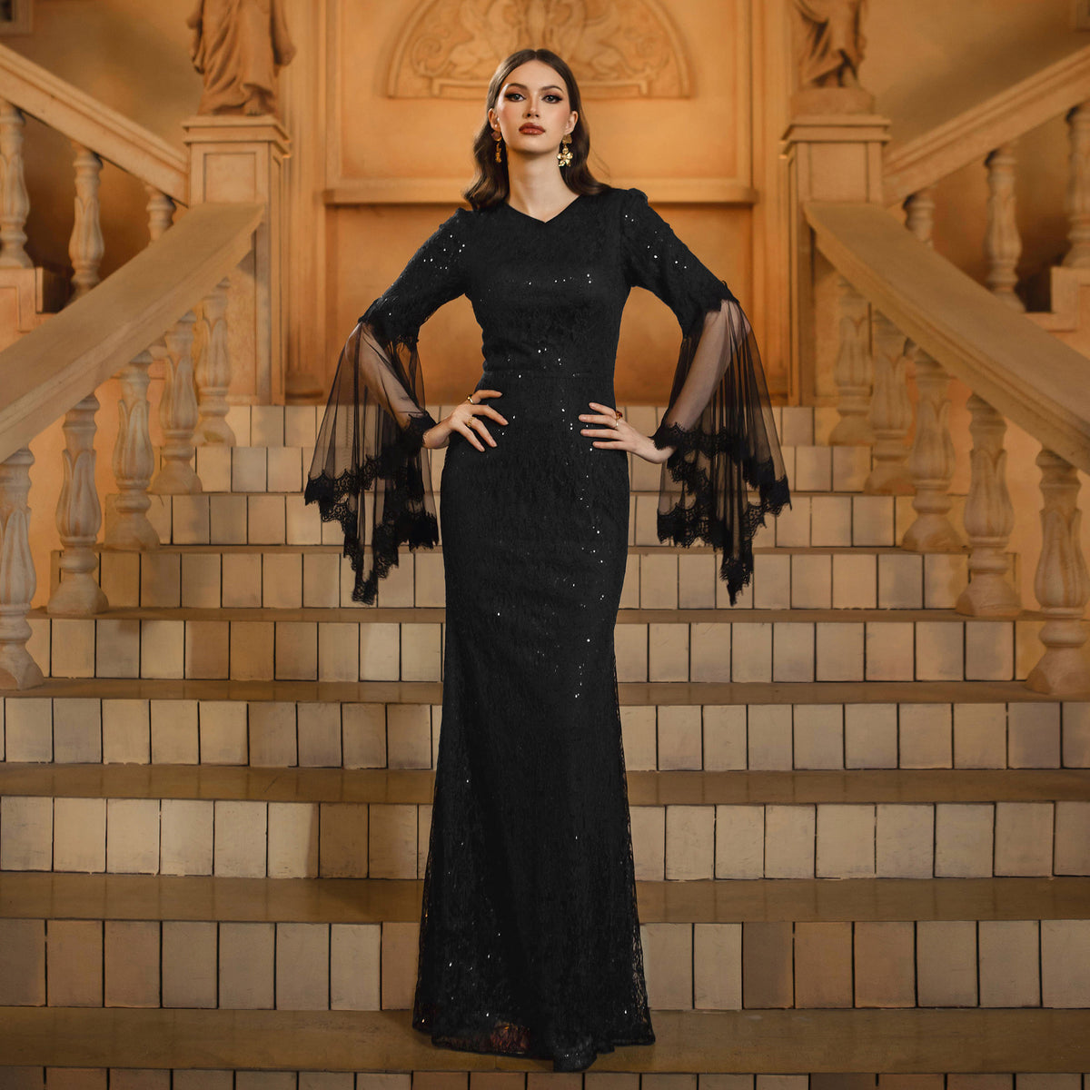 Women's V-Neck Sequin Long-Sleeve Bodycon Maxi Dress