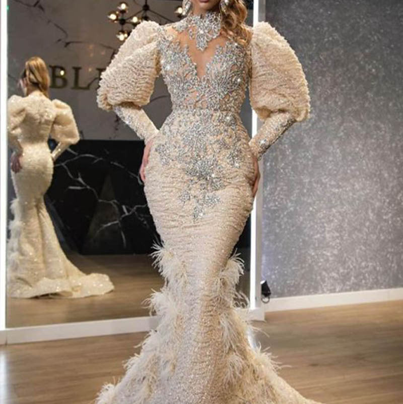 Women's Gold Lace Feather Long Sleeve Evening Maxi Dress