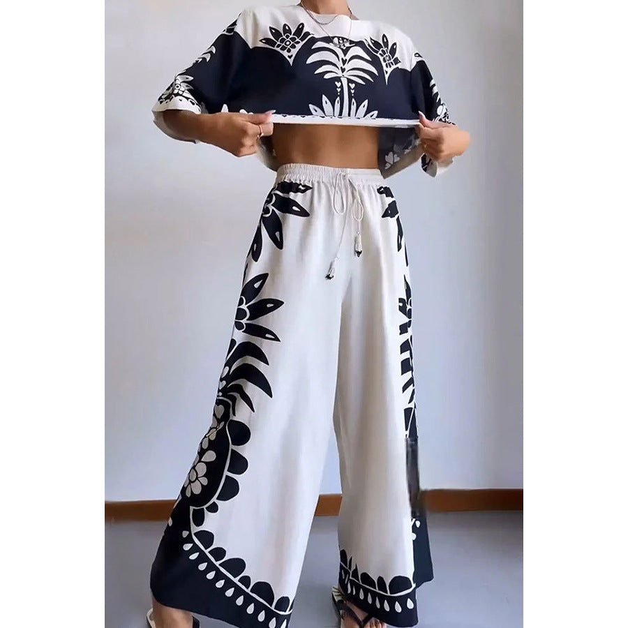 Women's Short Sleeve Suit Loose Vacation Elastic Waist Two Piece Two-Piece S