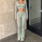 Square Collar Long Sleeve Short Top Bootcut Pants Set Rib Slim Fit