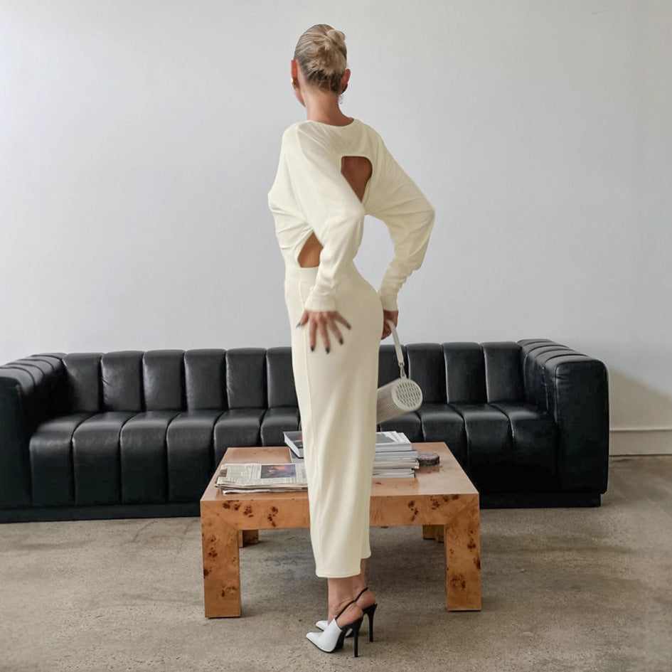 Crew-Neck Backless Cutout Long-Sleeve Bodycon Maxi Dress