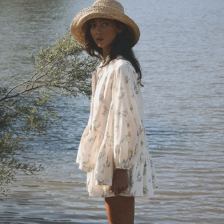 Puff-Sleeve Shirt & Printed Shorts Set