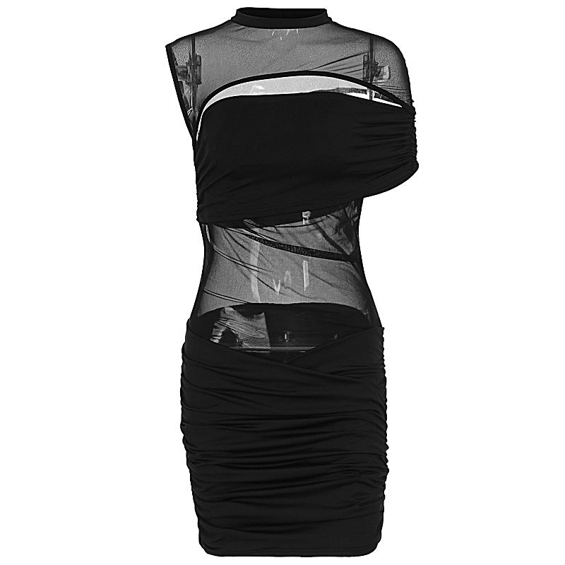 Women's Women Stitching Sexy See Through Shoulder Sleeveless Pleated Hip Dress
