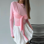 Women’s Pink Twisted Slim Fit Long Sleeve Crop Top