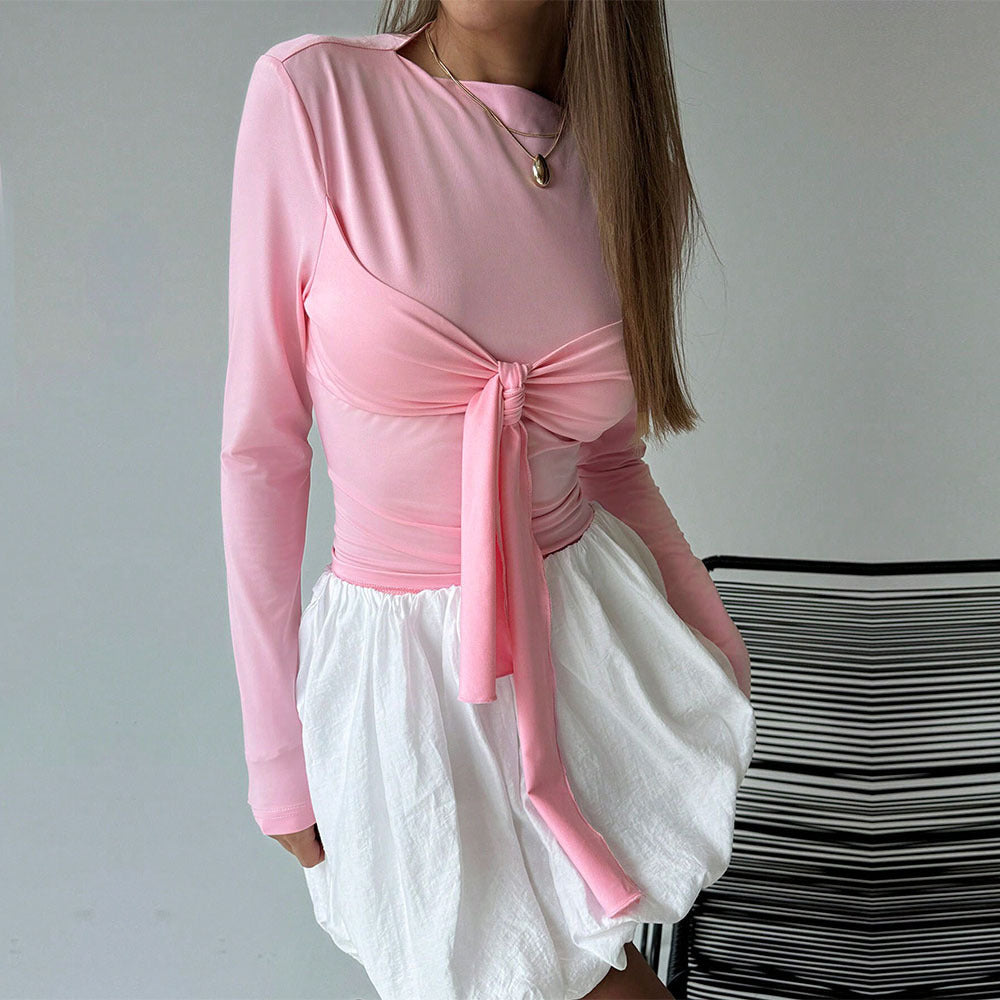 Women’s Pink Twisted Slim Fit Long Sleeve Crop Top