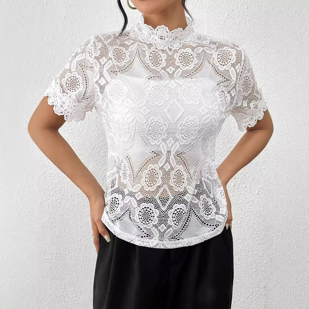 Women's Elegant Solid Color Small Stand Collar Lace Stitching Lace Short Sleeve T Shirt Top Women Clothing