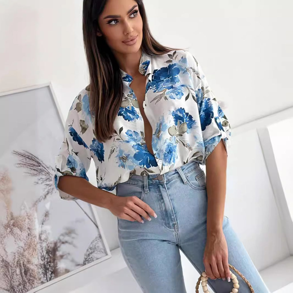 Women's Clothing Printed Single-Breasted Half Sleeve Shirt Top