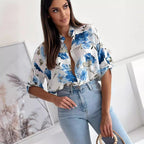Women's Clothing Printed Single-Breasted Half Sleeve Shirt Top